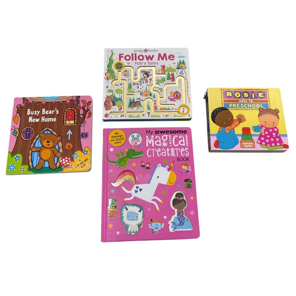 Children's Board Books Set Of 4: Busy Bears New Home, Follow Me Fairy Tales, Ros